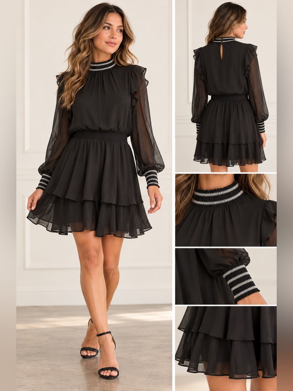 Karl Lagerfeld Black Long-Sleeve Ruffle Tiered Dress with Beaded Neckline
